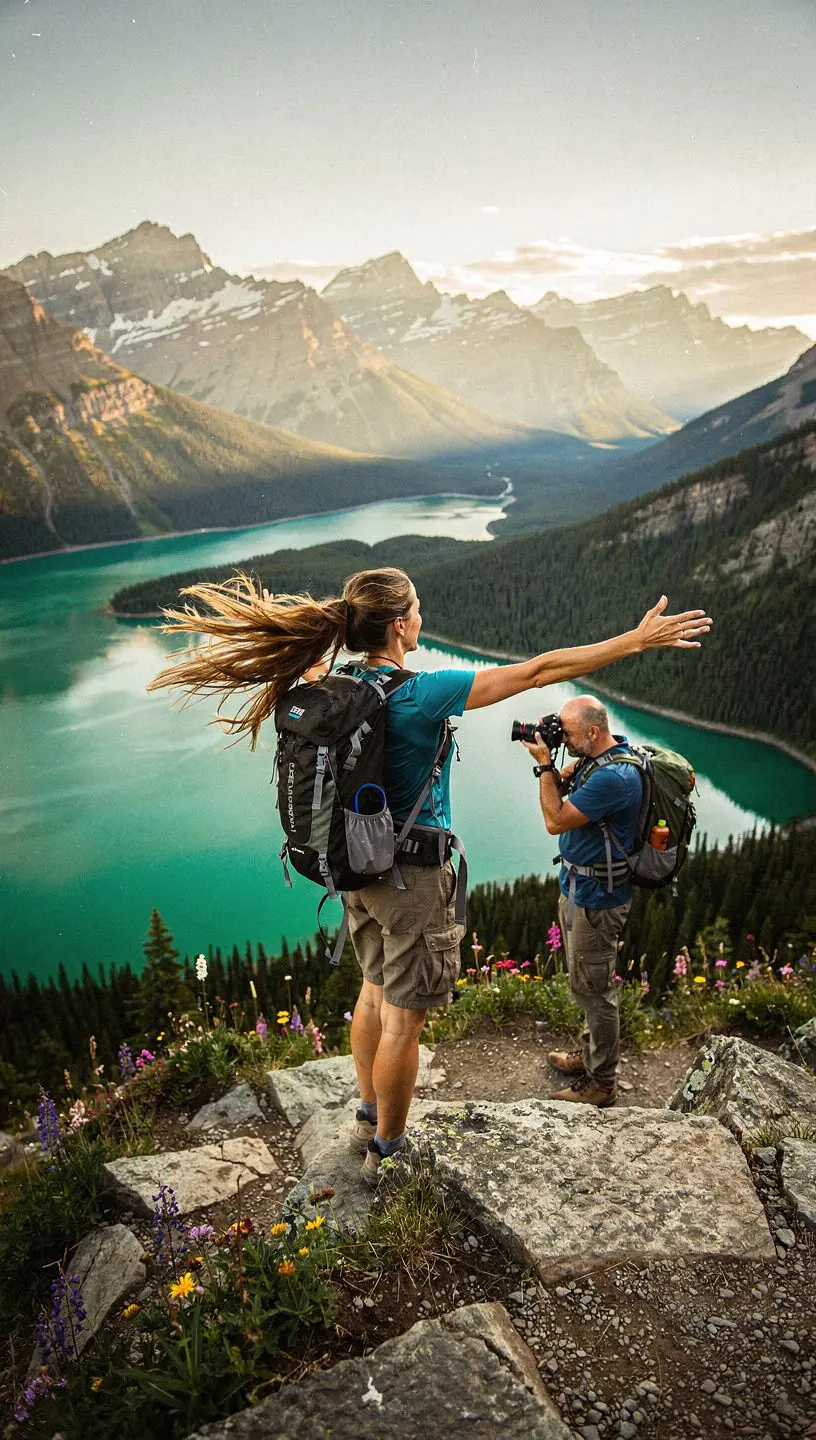 Группа туристов на вершине горы, наслаждающихся панорамным видом.