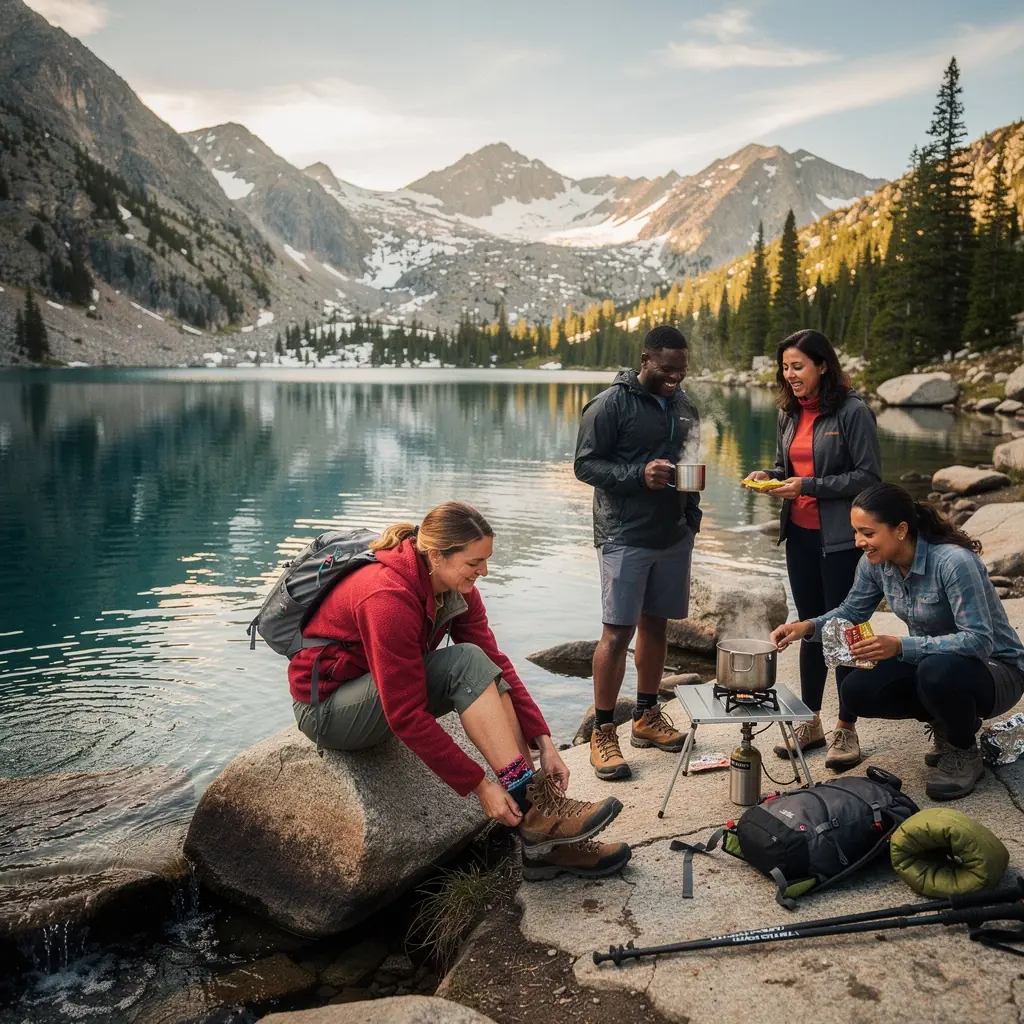 Группа туристов, идущих по живописной горной тропе.
