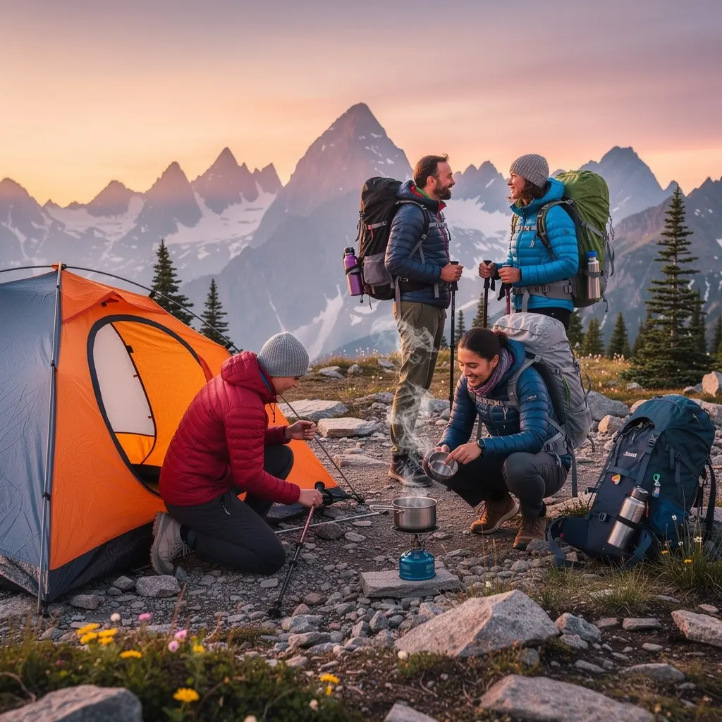 Пейзаж гор с тропами для хайкинга на фоне синего неба.