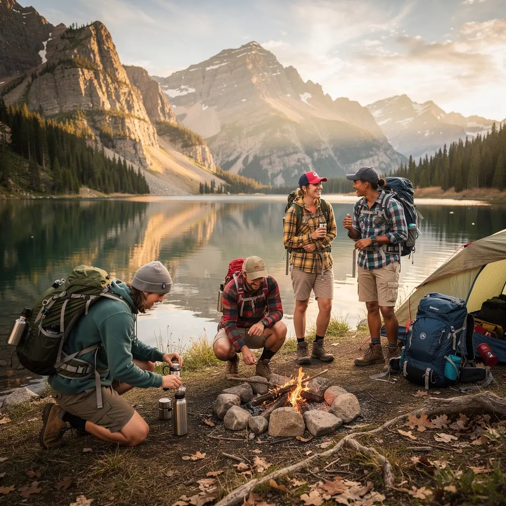 Горный пейзаж с альпийскими вершинами на фоне голубого неба.