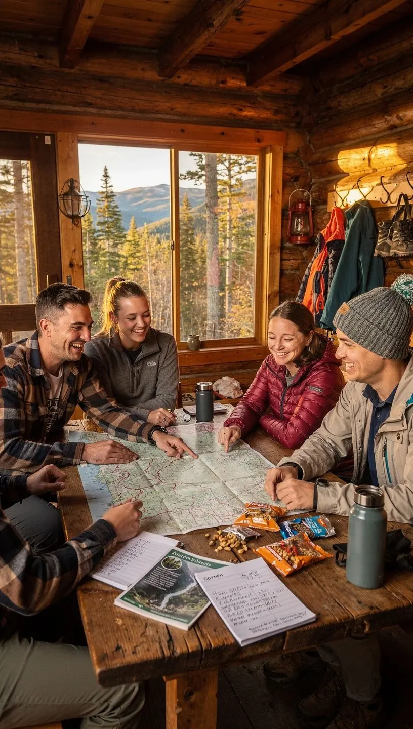Группа туристов на вершине горы, наслаждающаяся панорамным видом.