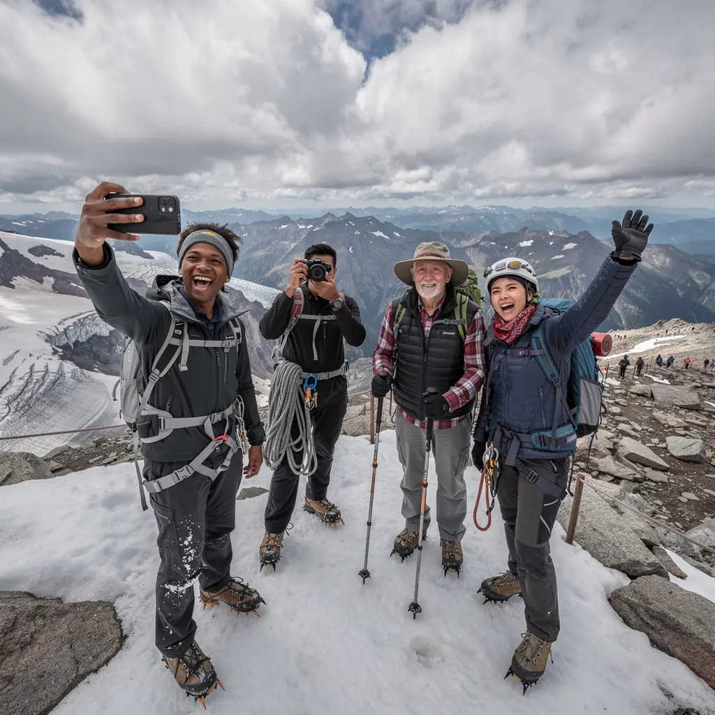 Снаряжение для альпинизма, включая карабины и веревки, на фоне гор.