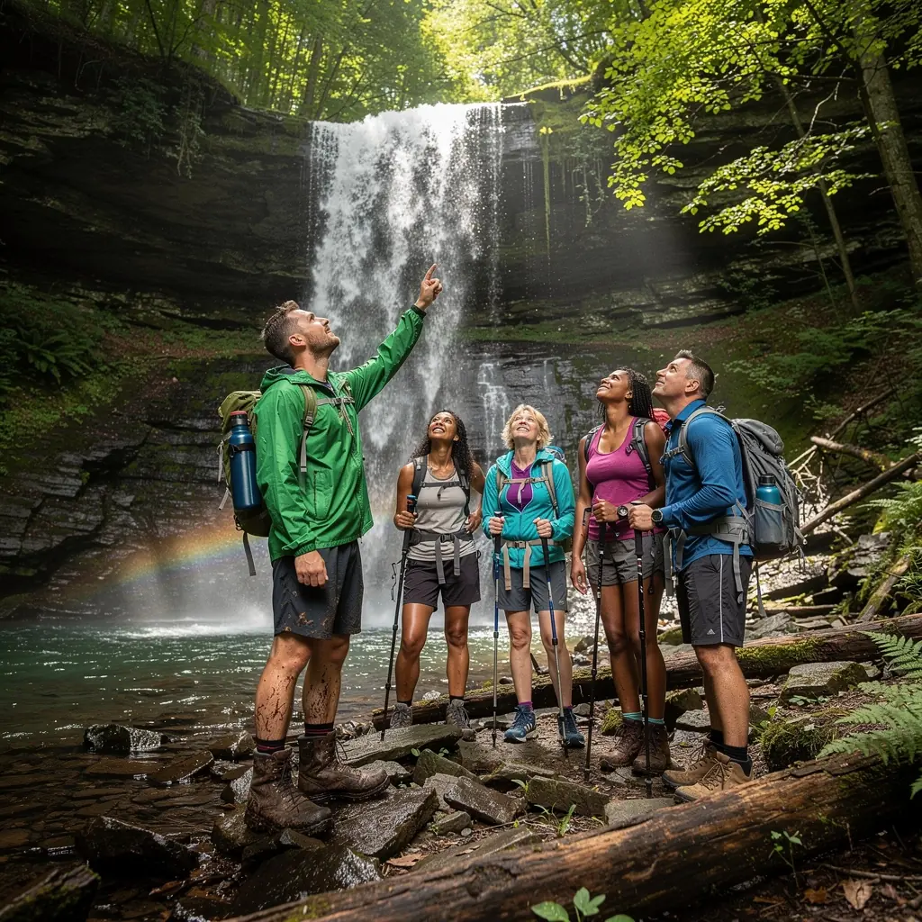 Снаряжение для похода, включая рюкзак, треккинговые палки и ботинки на фоне горного пейзажа.