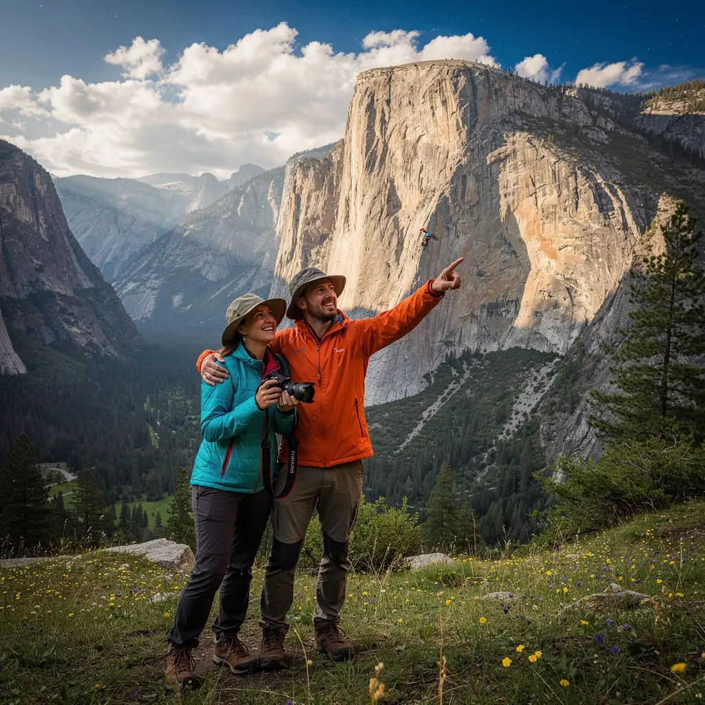 Горный пейзаж с туристами, наслаждающимися восхождением на вершину.